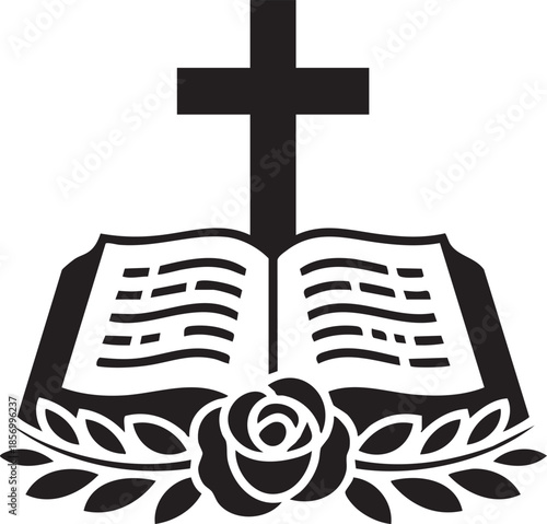 Solemn black and white illustration: open bible, cross, rose, and flowers; religious, memorial, faith concep