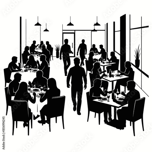 Silhouette of people dining in a modern restaurant, lively atmosphere