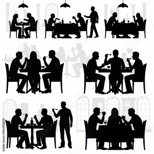 Silhouettes of people dining and socializing in a restaurant setting