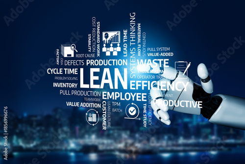 Photography Visual representation of lean management principles with a robotic hand interacting with business terms, highlighting efficiency and productivity in modern industry