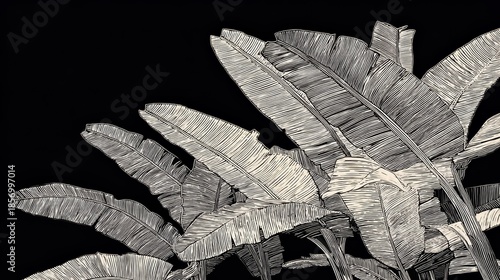 Drawing of a leafy plant with a black background. The drawing is in black and white and has a very detailed look to it