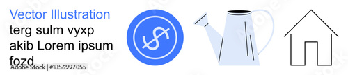 Finance, gardening tools, eco-living, home investment, real estate, sustainability. A dollar sign icon, a watering can and a simple house outline. Finance and gardening tools