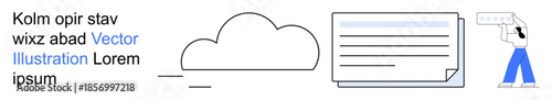 Cloud computing, file management, digital security, technology innovation, data organization, remote work. Cloud icon, document illustration and hand interacting. Cloud computing and file management