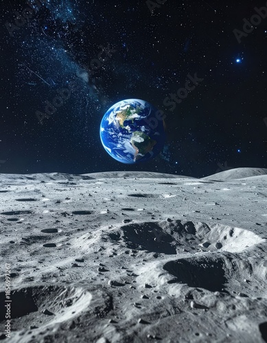 A stunning view of planet Earth rising above the rugged, cratered surface of the Moon against a starry black sky.
