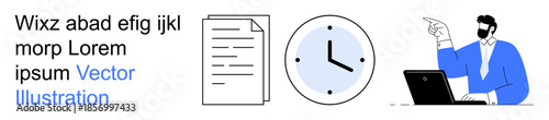 Time management, business planning, task organization, productivity, professional guidance, workplace efficiency. Document and clock alongside a professional pointing at a screen. Time management
