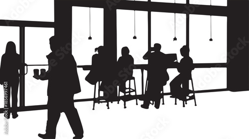 People are moving and gathering in a modern cafe or co working space