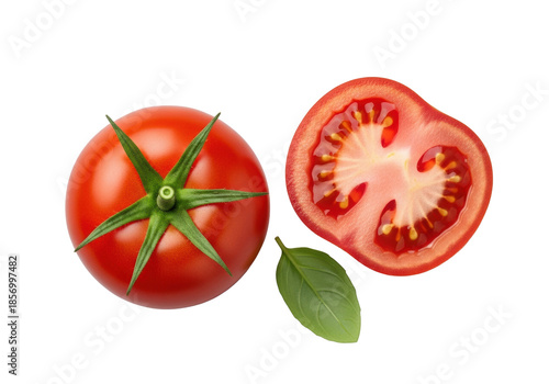 Luscious red whole tomato with green stem, two cut halves showcasing internal chambers, sea salt, basil leaf, on transparent background. Concept of natural perfection and freshness