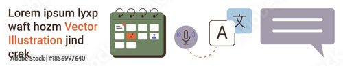 Language learning, productivity tools, online communication, global connection, translation services, educational resources. Calendar, microphone speech bubble and translation symbols. Language