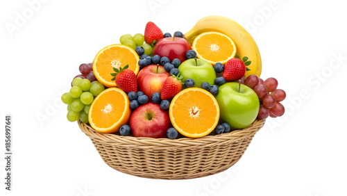 Fresh fruit basket with oranges apples grapes strawberries and blueberries