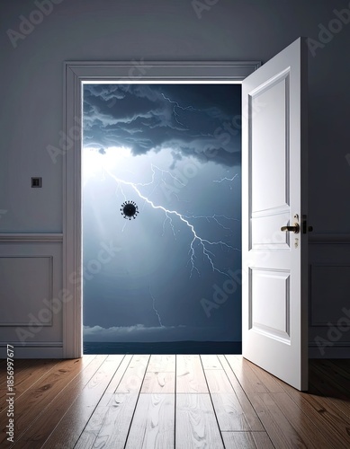 A doorway opens to a stormy, virus-ridden sky above the ocean.