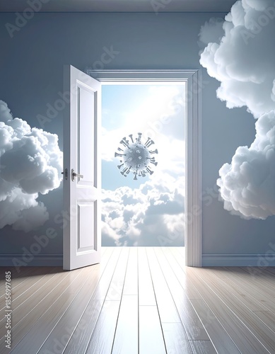 A white door opens to a bright sky featuring a prominent, floating coronavirus particle amidst clouds.