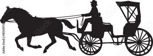 A powerful horse gallops while pulling an elegant carriage with a driver in silhouette