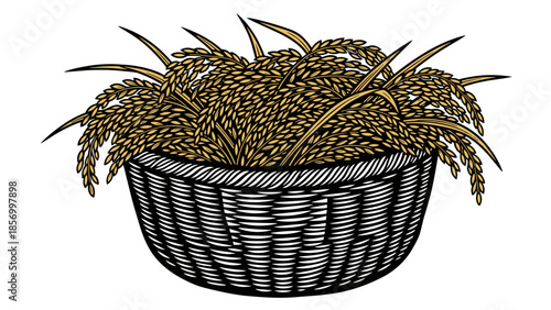 Basket Filled with Rice Grains Illustration.