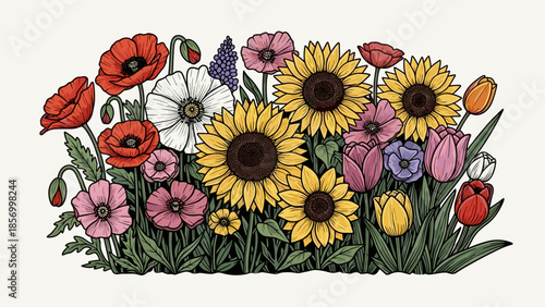 Colorful Sunflowers and Poppies Floral Arrangement.