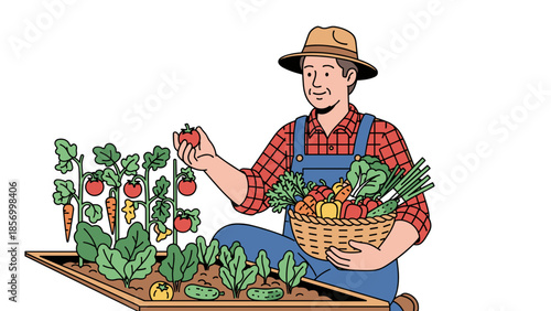 Farmer harvesting fresh vegetables from garden.