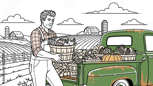 Farmer holding basket of fresh vegetables.