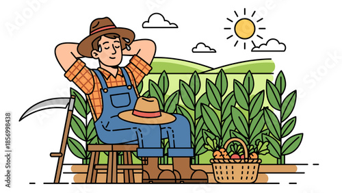 Farmer Sitting on Stool Relaxing.