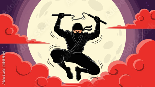 Dynamic ninja warrior leaps with nunchucks against a full moon backdrop, surrounded by stylized clouds, showcasing martial arts agility and strength