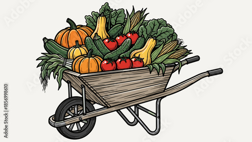 Illustration of a wheelbarrow full of vegetables.
