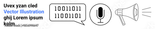 Data transmission, audio technology, digital communication, coding, information sharing, media tools. Binary code in a speech bubble, microphone icon megaphone illustration. s data and audio