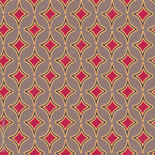 Arabic arabesque seamless pattern with colorful elements. Geometric background. Design greeting card for Ramadan Kareem, Islamic ornamental colorful detail of mosaic. Vector illustration.