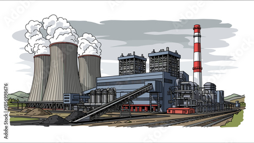 Industrial Power Plant with Cooling Towers.