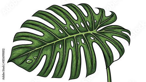 Monstera Deliciosa Leaf with Holes and Stem.