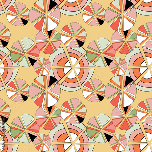 Arabic arabesque seamless pattern with colorful elements. Geometric background. Design greeting card for Ramadan Kareem, Islamic ornamental colorful detail of mosaic. Vector illustration.