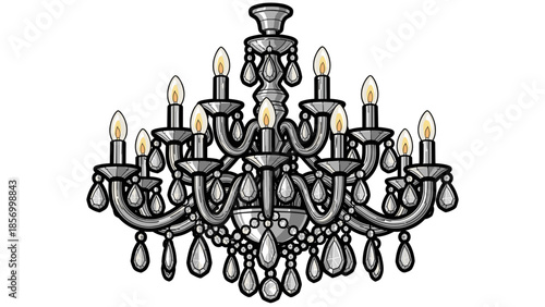 Ornate Black and White Chandelier Illustration.