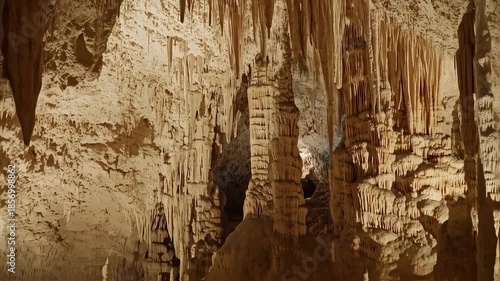 Cave interior with numerous stalactites and stalagmites