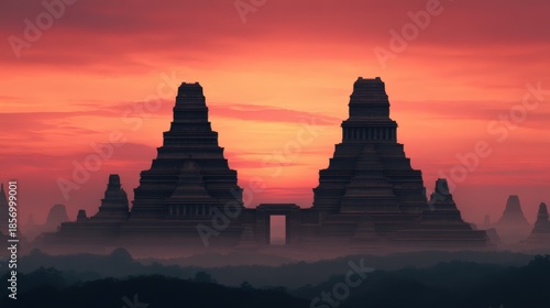 A stunning silhouette of ancient temples against a vibrant sunset, creating a mystical atmosphere in a serene landscape.