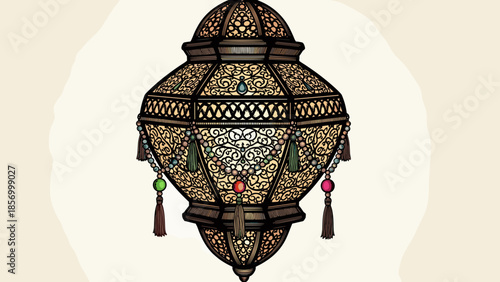 Ornate Metal Lantern with Tassels and Patterns.