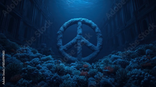 An underwater scene featuring a large peace symbol surrounded by coral, illuminated by soft blue light, conveying tranquility and harmony.