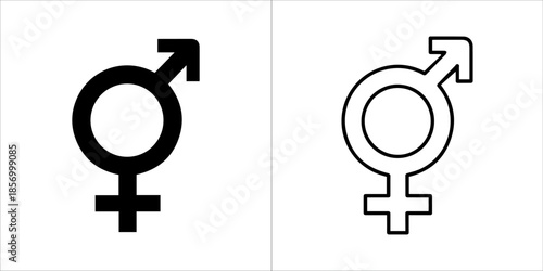 Matching gender sign vector icons with modern line art outline and bold solid silhouette design
