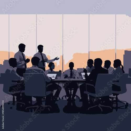 Business meeting in a modern office with city view at sunset, silhouettes of people collaborating