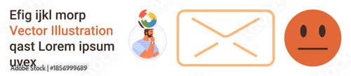 Communication, emotional expression, idea conceptualization, problem-solving, email services, messaging. Icons of envelope, thinking person and face with neutral expression. Communication