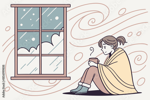 A girl in an oversized sweater sits by the window wrapped in a blanket, snowstorm outside