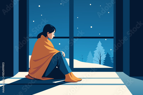 A girl in an oversized sweater sits by the window wrapped in a blanket, snowstorm outside