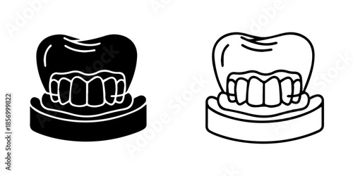 Matching dental icon vector set with modern line art outline and bold solid silhouette design
