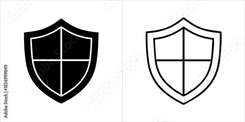 Matching medical shield icon vector set with modern line art outline and bold solid silhouette design
