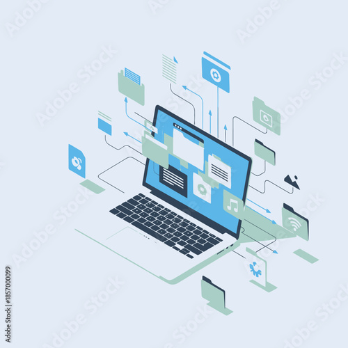 Isometric laptop with digital data flow and cloud storage icons, technology concept