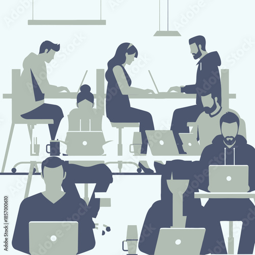 Diverse team working in modern office, collaboration, business, technology, flat design