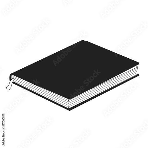 Black Hardcover Book with Ribbon Bookmark, Isometric View, Minimalist Design