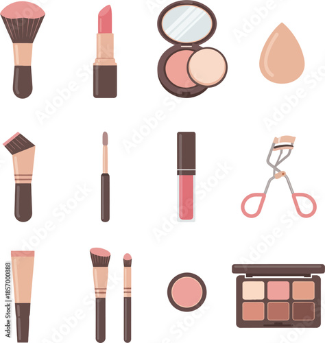 Set of cosmetic tools and makeup products flat vector illustration