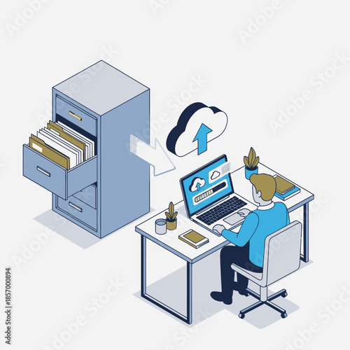 Man uploading files from cabinet to cloud storage on laptop, digital transformation concept