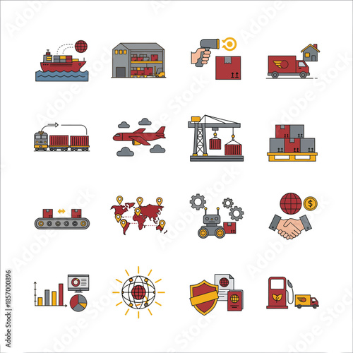 Logistics and Supply Chain Flat Line Icon Set