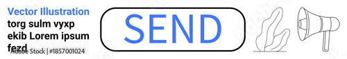 Communication, call to action, user interface, digital marketing, social media, notification. Send button with megaphone icon and abstract leaf shapes. Communication and user interface design concept