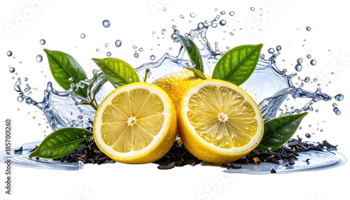 Vibrant lemon halves splashing into water with tea leaves and fresh green foliage against a black background.
