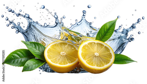 Vibrant lemon halves splash into water against a stark black background.