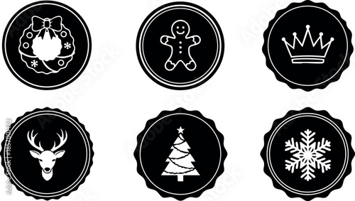 Christmas holiday icons with wreath gingerbread crown deer tree and snowflake vector set 